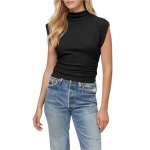 Michael Stars Amara Ruched Cowl Neck Rib T-Shirt Top XL in solid black